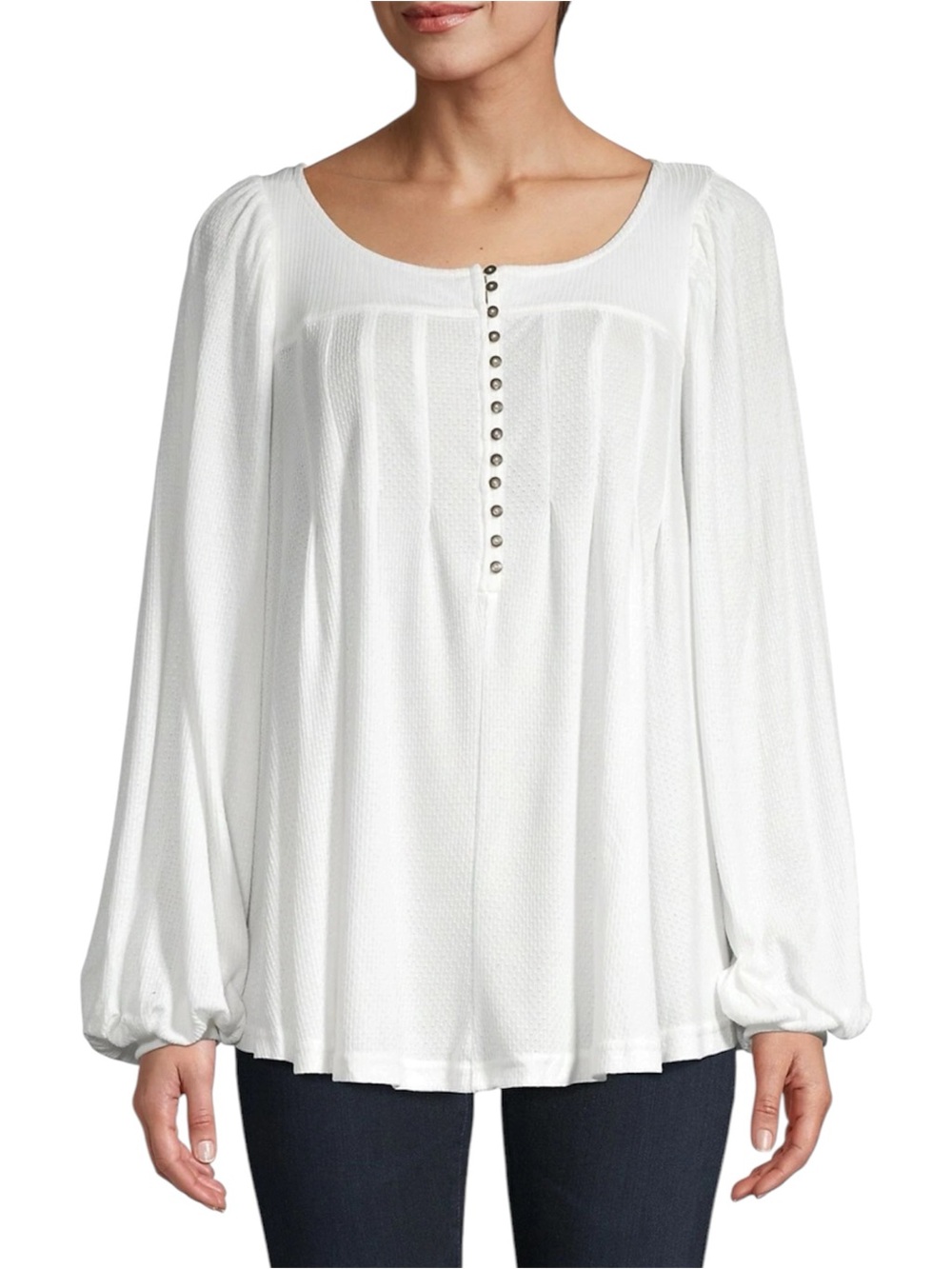 $90 Free People Balloon Sleeve Devin Ribbed Button Front Peasant Top